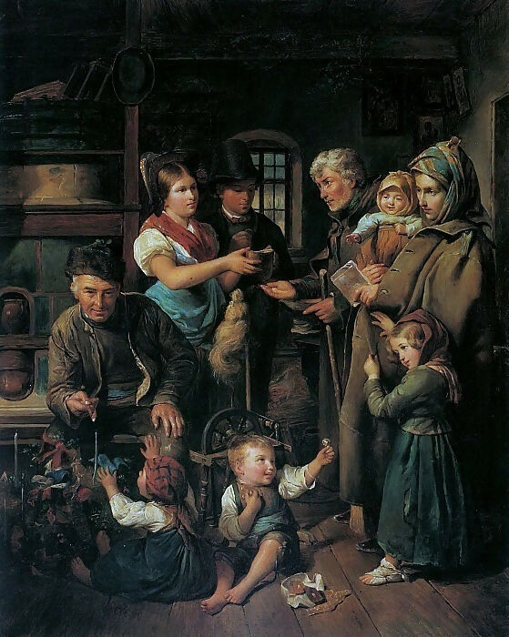 Ferdinand Georg Waldmüller A Family of Traveling Beggars Receiving Gifts from Poor Farmers on Christmas Eve 90x120 Canvas
