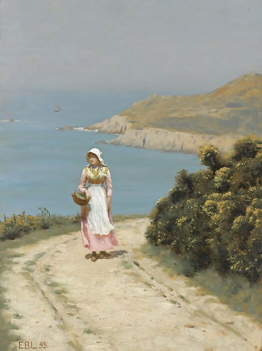 Edmund Blair Leighton - Girl on a Coastal Road 140x187 Canvas