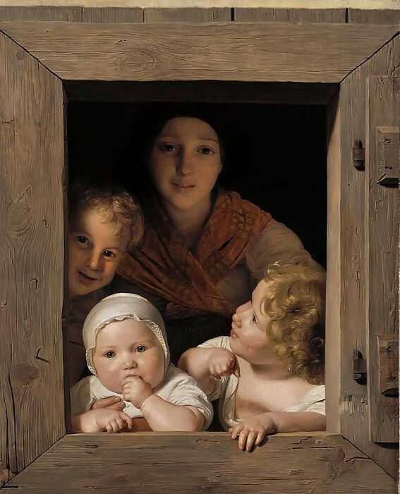 Ferdinand Georg Waldmüller - Young Peasant Woman with Three Children at the Window 50X49 Canvas