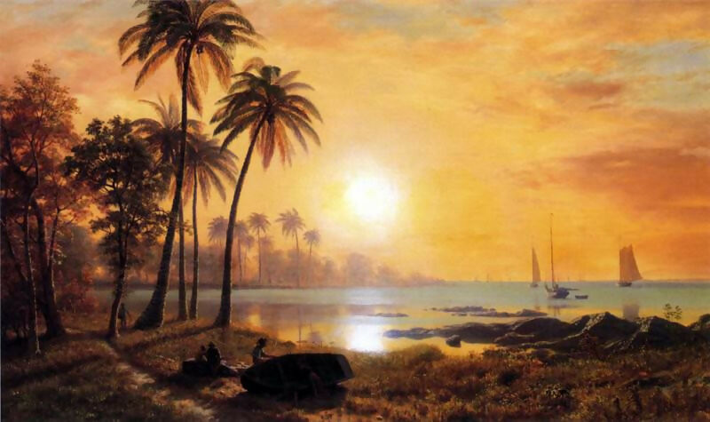 Albert Bierstadt - Tropical Landscape with Fishing Boats in the Bay 45x60 Canvas