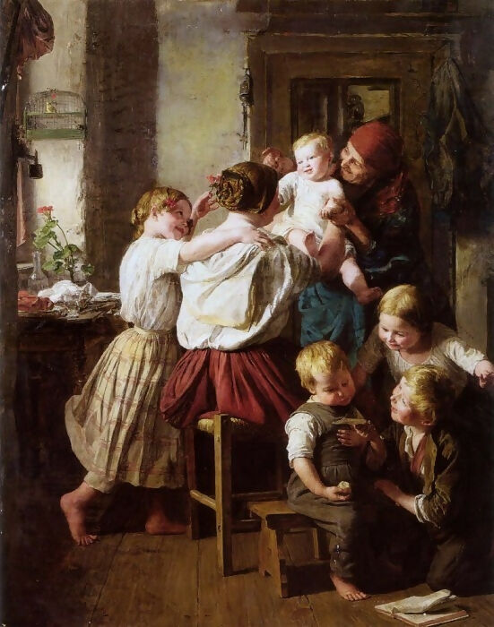 Ferdinand Georg Waldmüller - Children Give Grandma a Gift for Her Name Day 70x100 Canvas