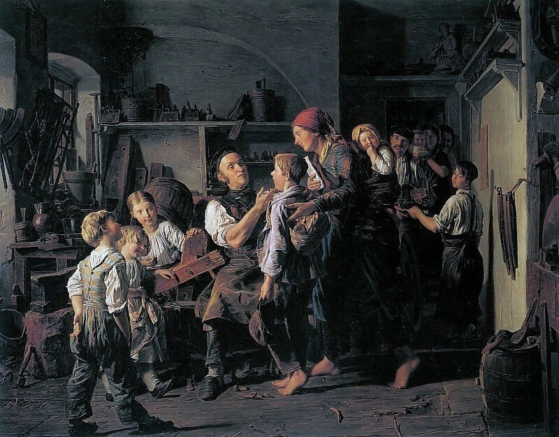 Ferdinand Georg Waldmüller The Reception of a Bookbinder s Apprentice 90x120 Canvas