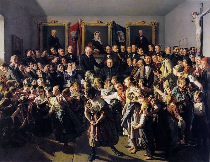 Ferdinand Georg Waldmüller - Children of poor parents receive winter clothing from the Spittelberg community at Michaeltage 70x100 Canvas