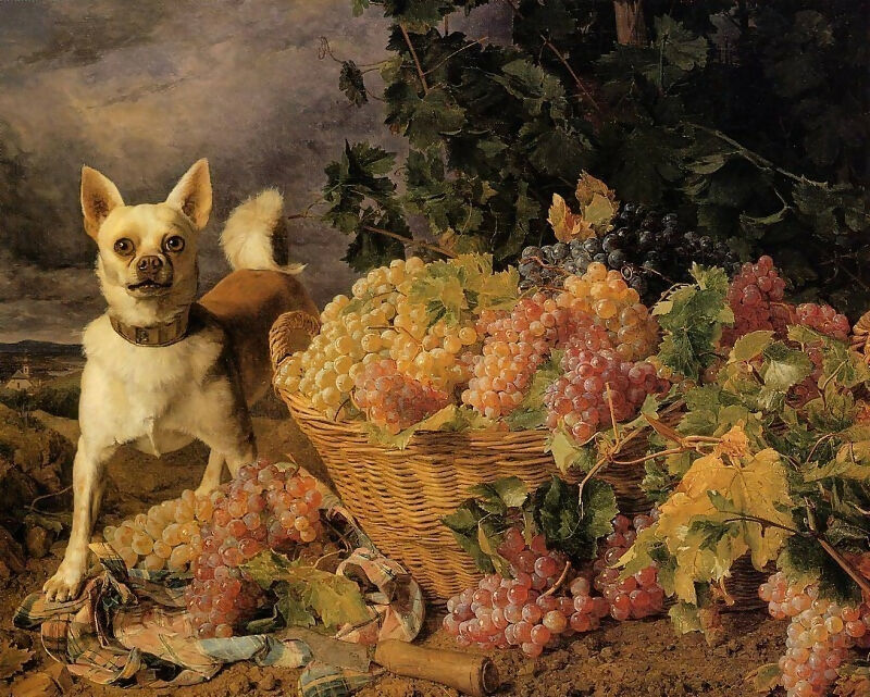Ferdinand Georg Waldmüller - Dog with a Basket of Grapes in a Landscape 140x187 Canvas