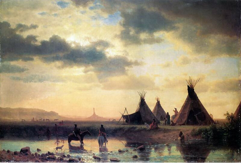 Albert Bierstadt - Chimney Rock, Indian Village in the Foreground 140x187 Canvas