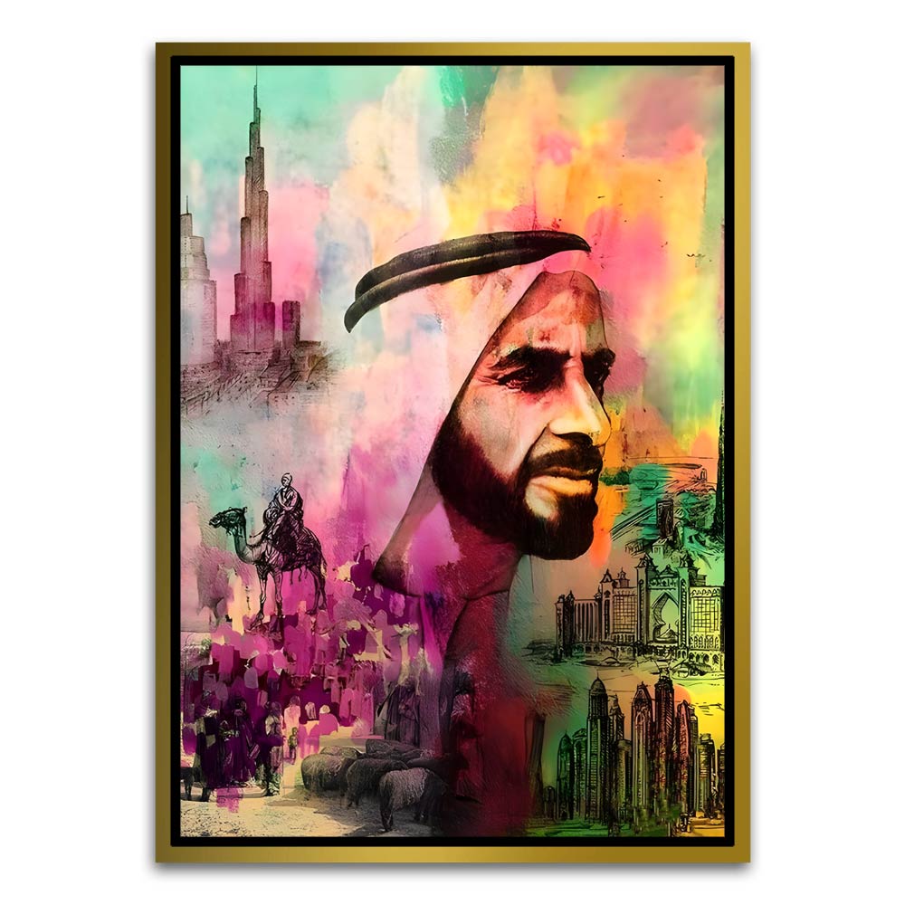 Sheikh Zayed Bin Sultan Al Nahyan Painting. Gold Canvas frame acrylic canvas Frames