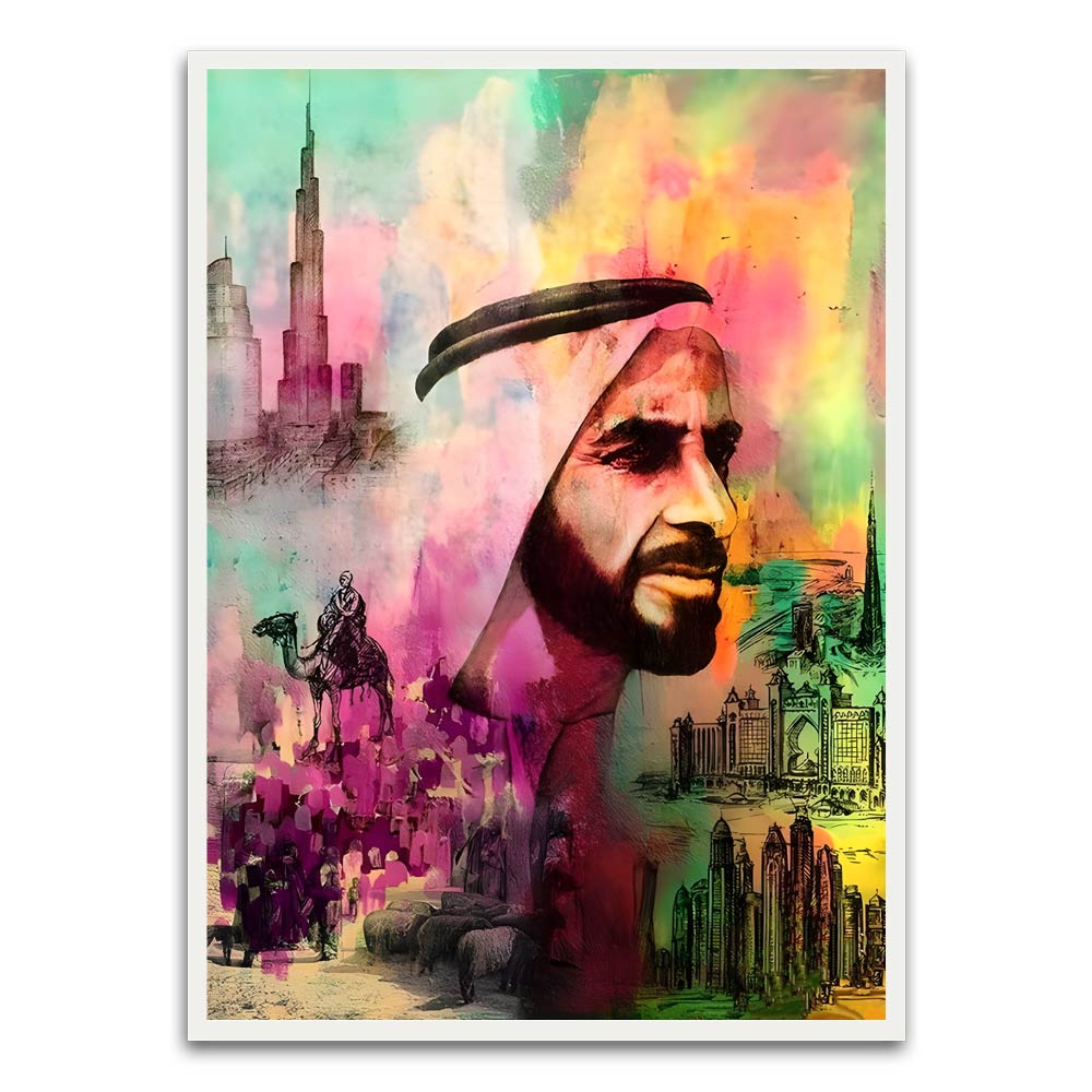 Sheikh Zayed Bin Sultan Al Nahyan Painting. White Printed frame acrylic canvas Frames