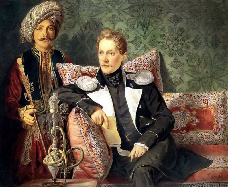KarlPavlovichBryullov–Portraitofamilitarymanwithaservant.1830s 50X52 Canvas