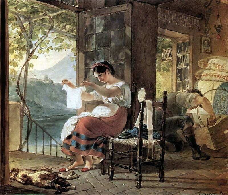 KarlPavlovichBryullov–AnItalianwomanexpectingachildlooksatashirt,herhusbandismakingacradle.1831 50X40 Canvas