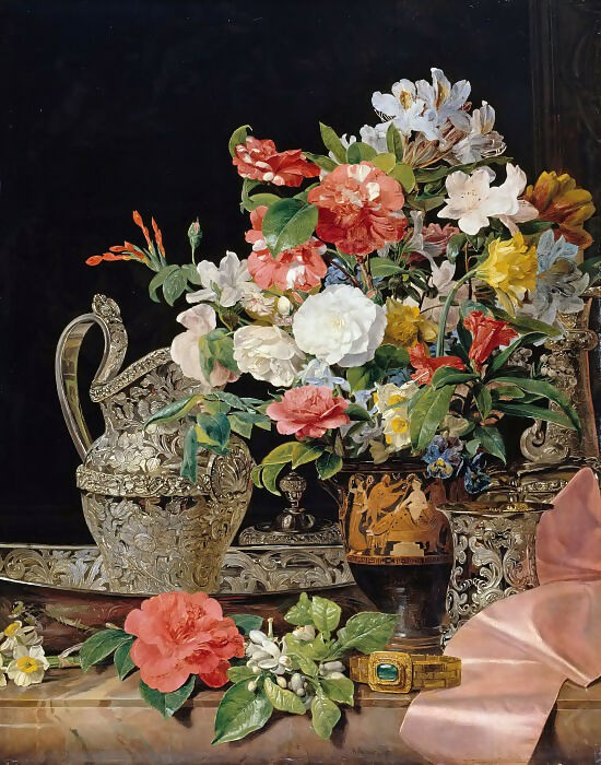 Ferdinand Georg Waldmüller - Bouquet with Silver Jug and Antique Vase 50X40 Canvas