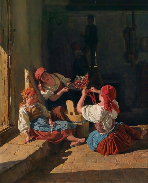 Ferdinand Georg Waldmüller (Children Decorate a Recruit's Hat; Children Decorate a Recruit's Hat) – Ferdinand Waldmüller - Children Decorate a Recruit's Hat 1854ss 50X77 Canvas